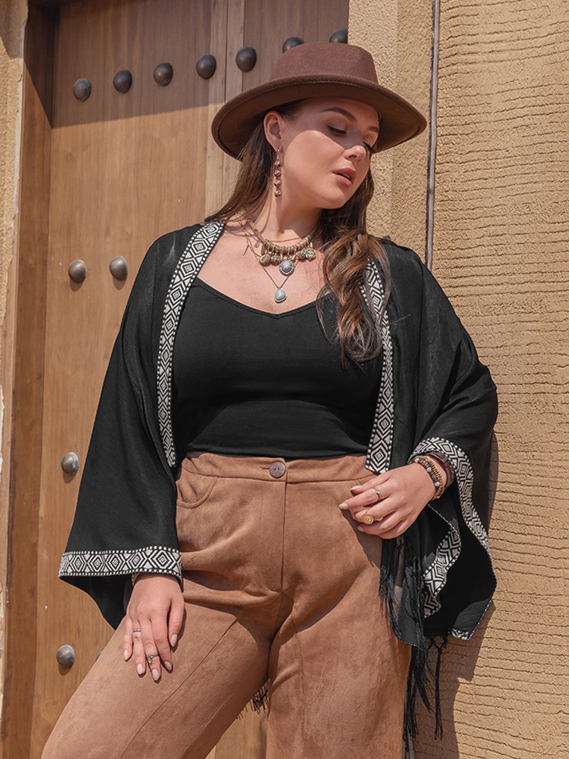 Beach Rose Co. - Black Plus Size Open Front Tassel Hem Cardigan