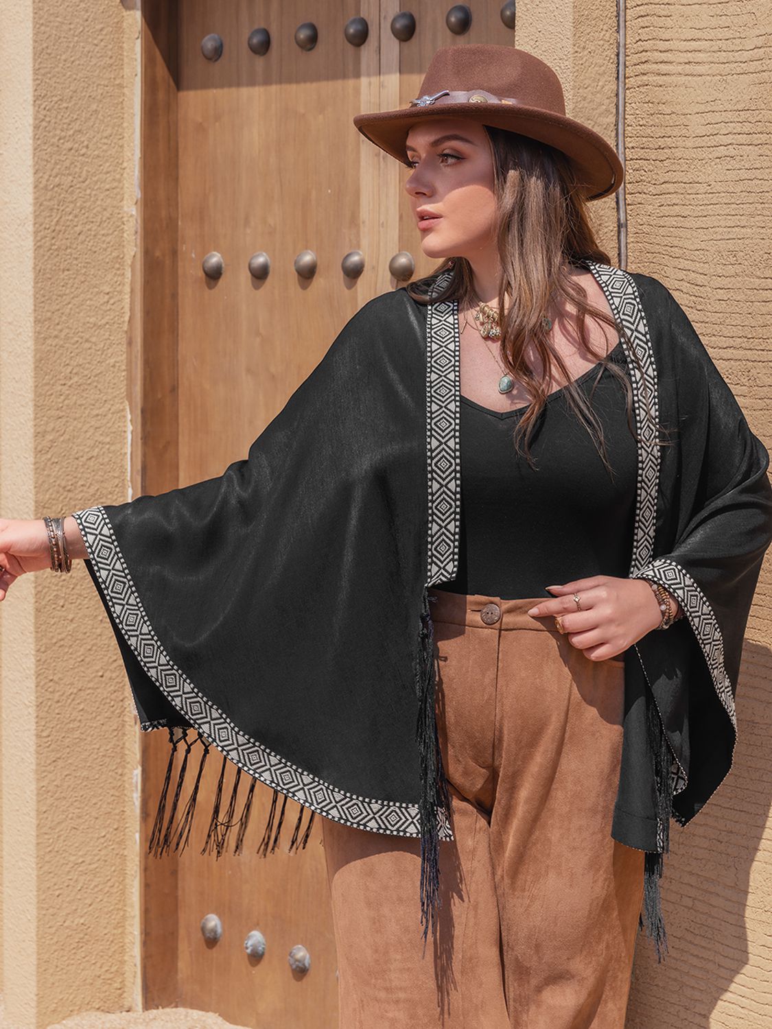 Beach Rose Co. - Black Plus Size Open Front Tassel Hem Cardigan