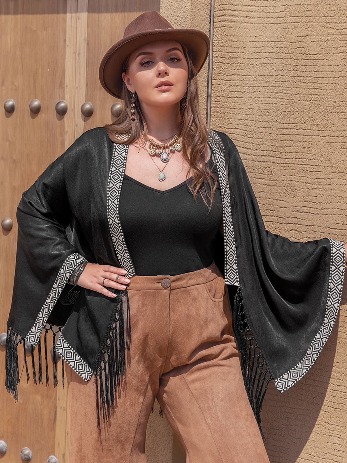 Beach Rose Co. - Black Plus Size Open Front Tassel Hem Cardigan