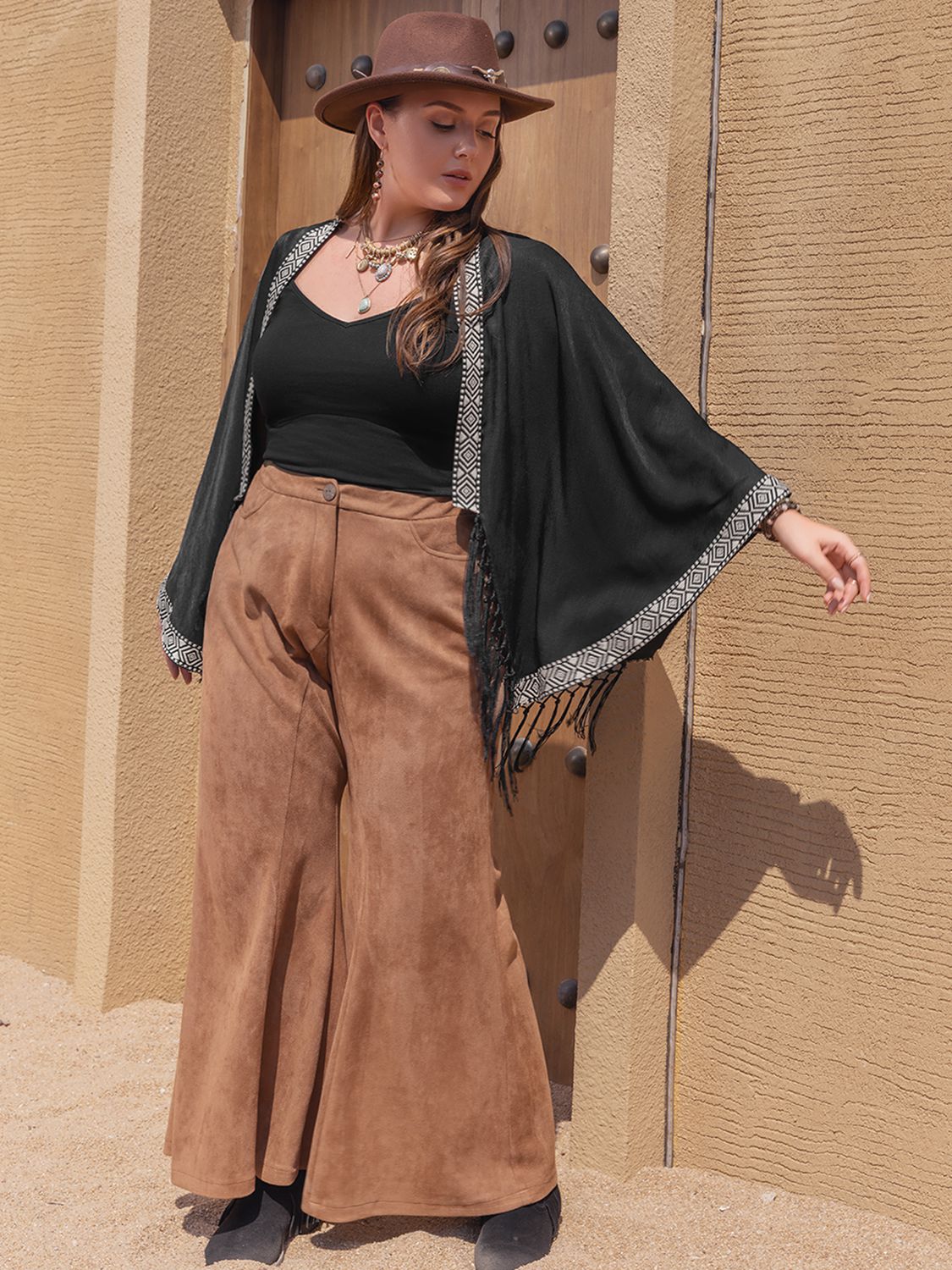 Beach Rose Co. - Black Plus Size Open Front Tassel Hem Cardigan