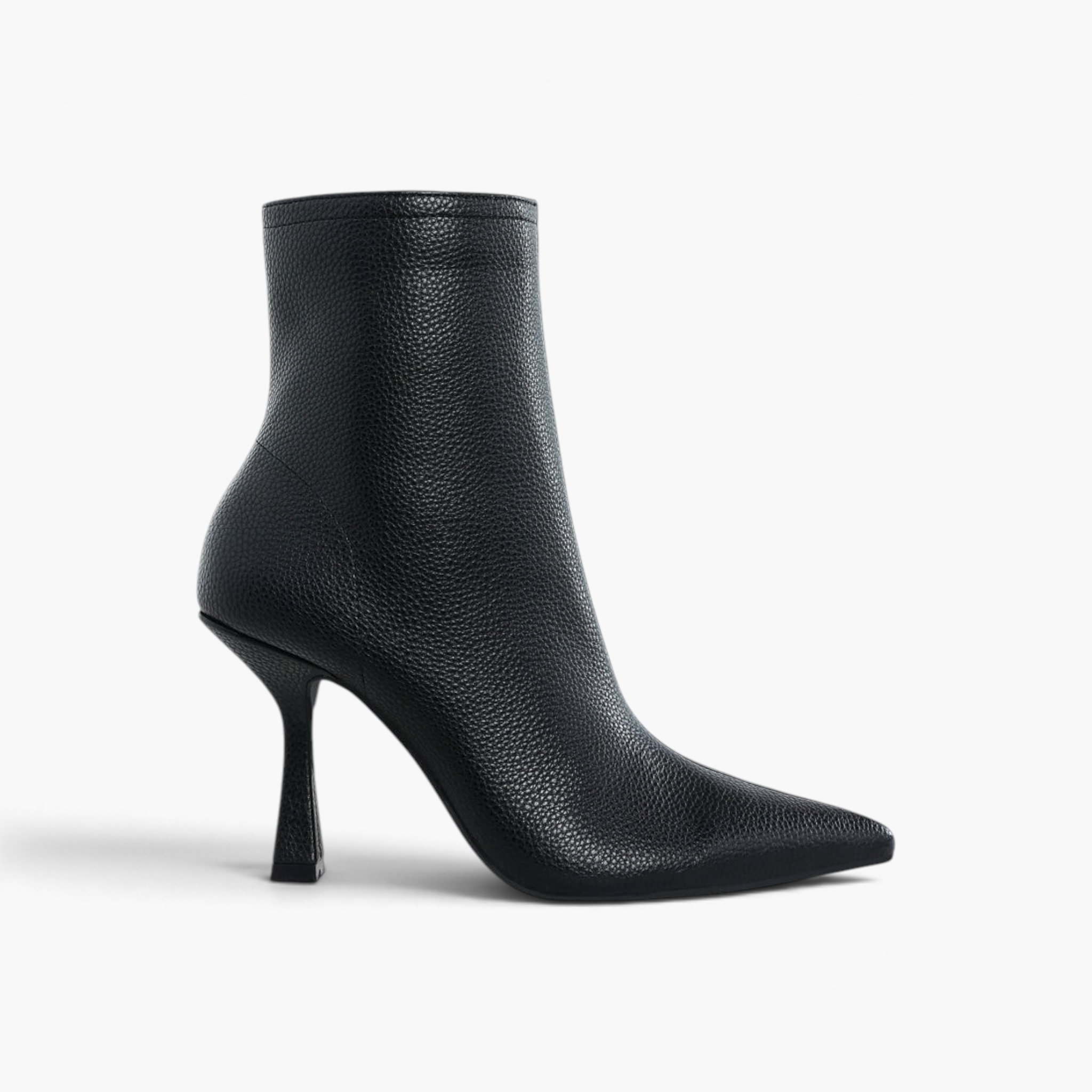 Beach Rose Co. black faux leather ankle boots with a pointed toe and sculpted spool heel, side view.