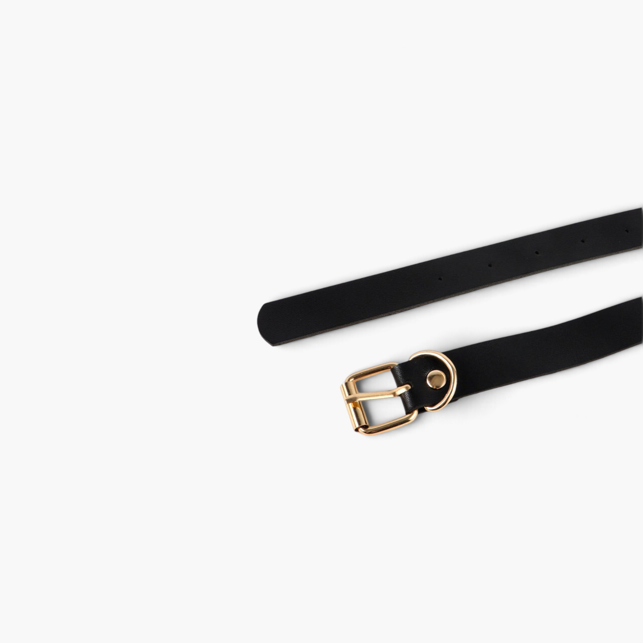 Beach Rose Co. black PU leather waist belt with a slim strap and gold-tone metal buckle closure.
