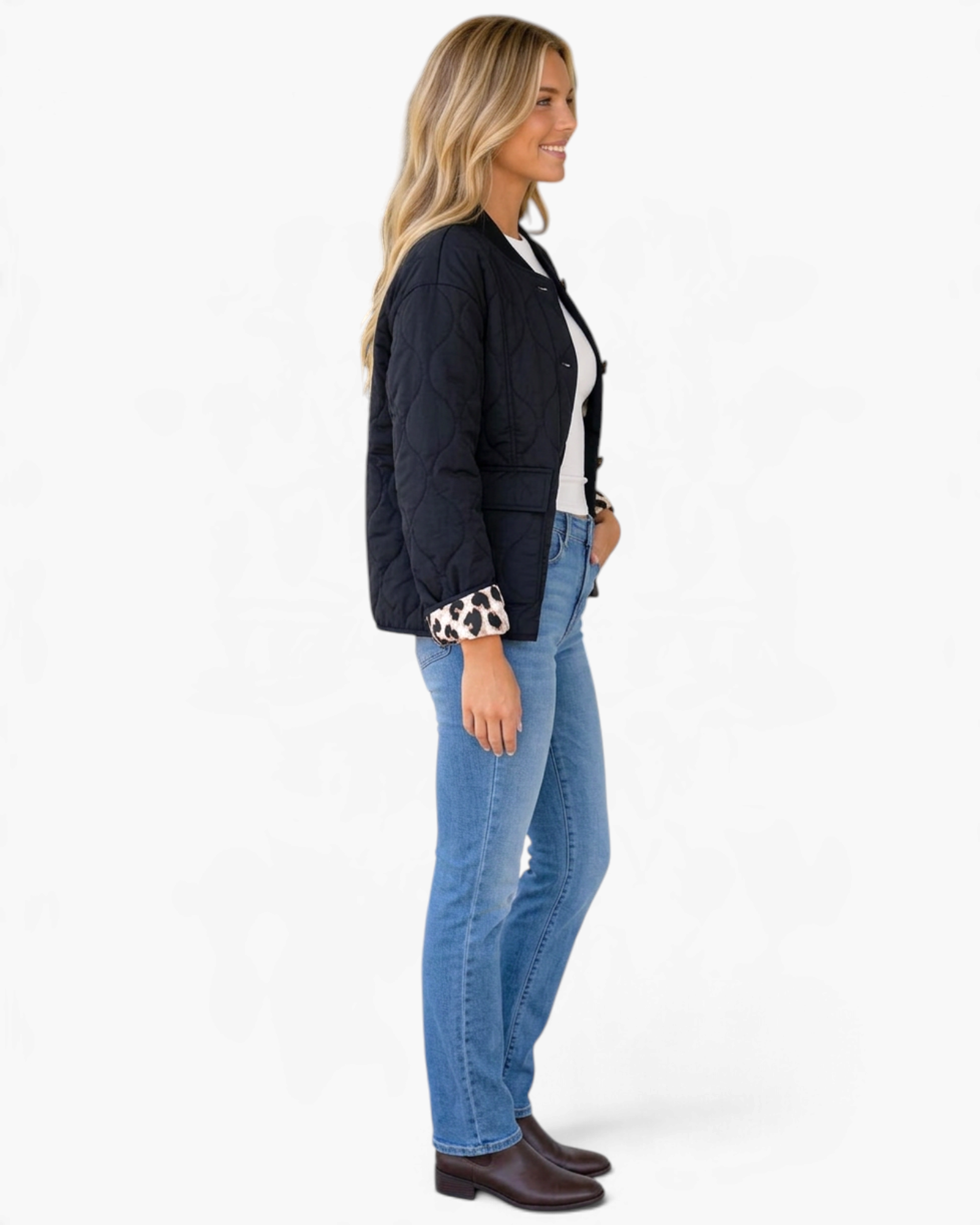 Beach Rose Co. black quilted jacket with leopard print cuffs worn by a blonde model in profile view