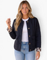 Beach Rose Co. black quilted jacket featuring leopard-print cuffs, button-front closure, and front flap pockets.