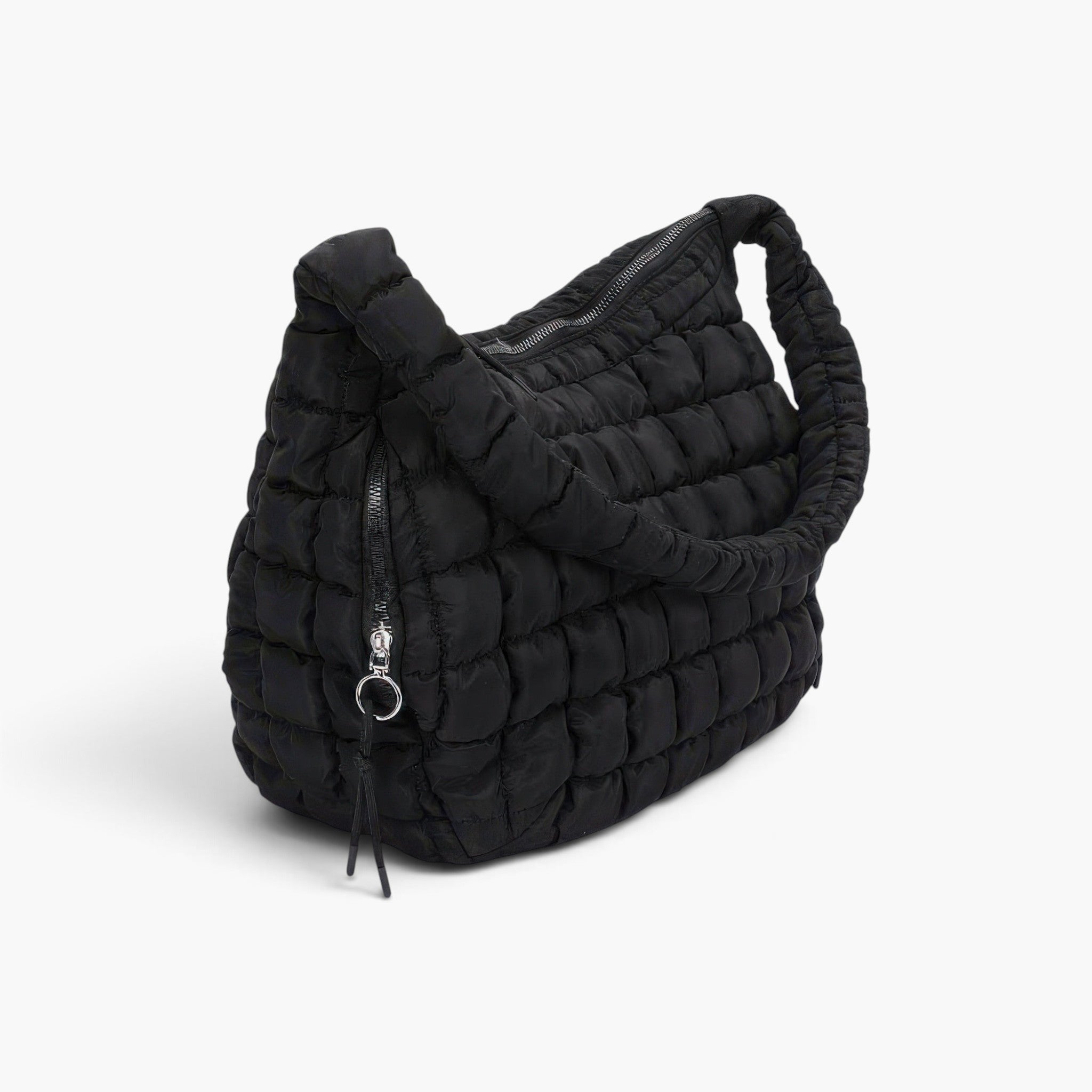 Beach Rose Co. black quilted nylon padded crossbody bag with a soft texture and adjustable strap.