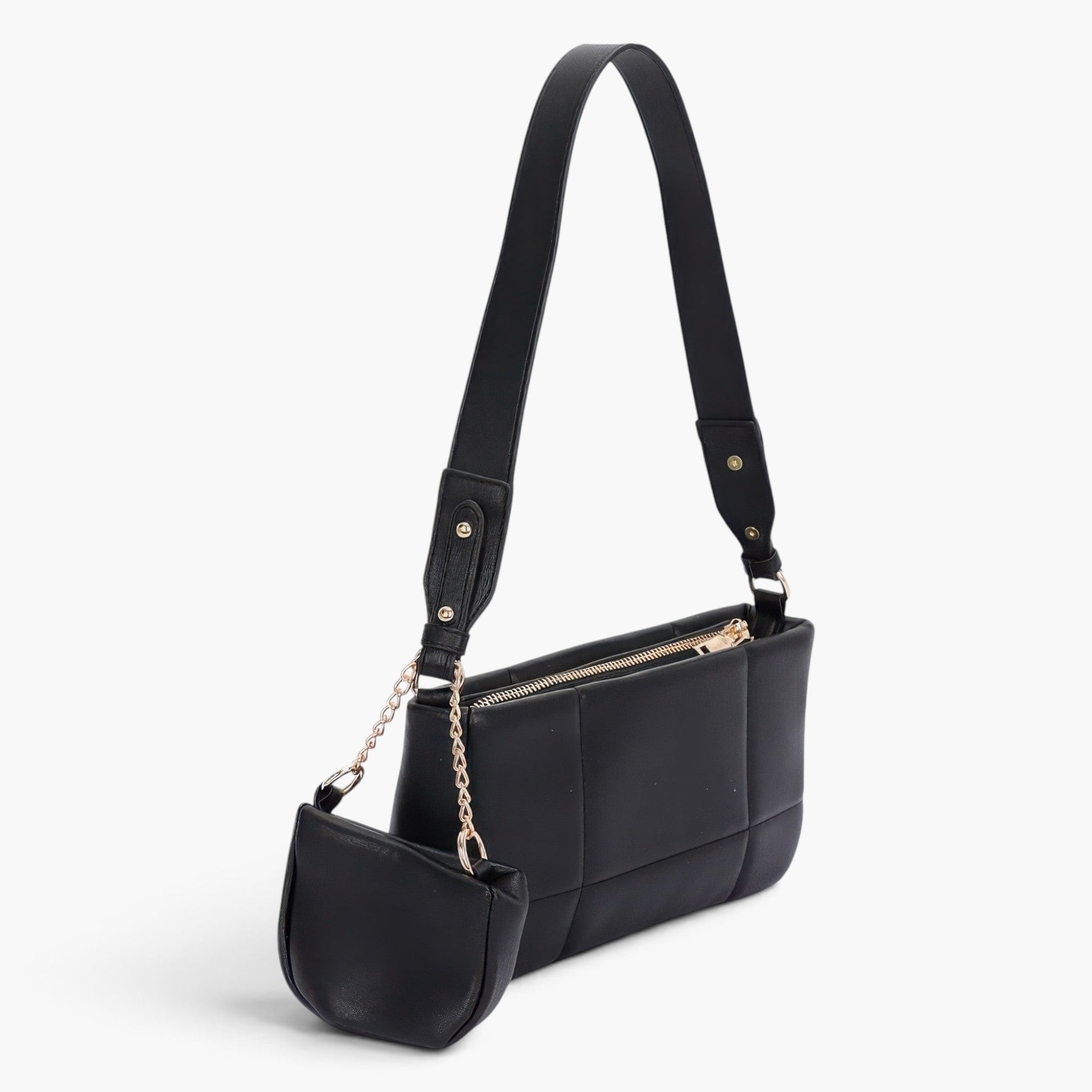 Beach Rose Co. black quilted faux leather shoulder bag with a matching small Airpod pouch and a chain strap.