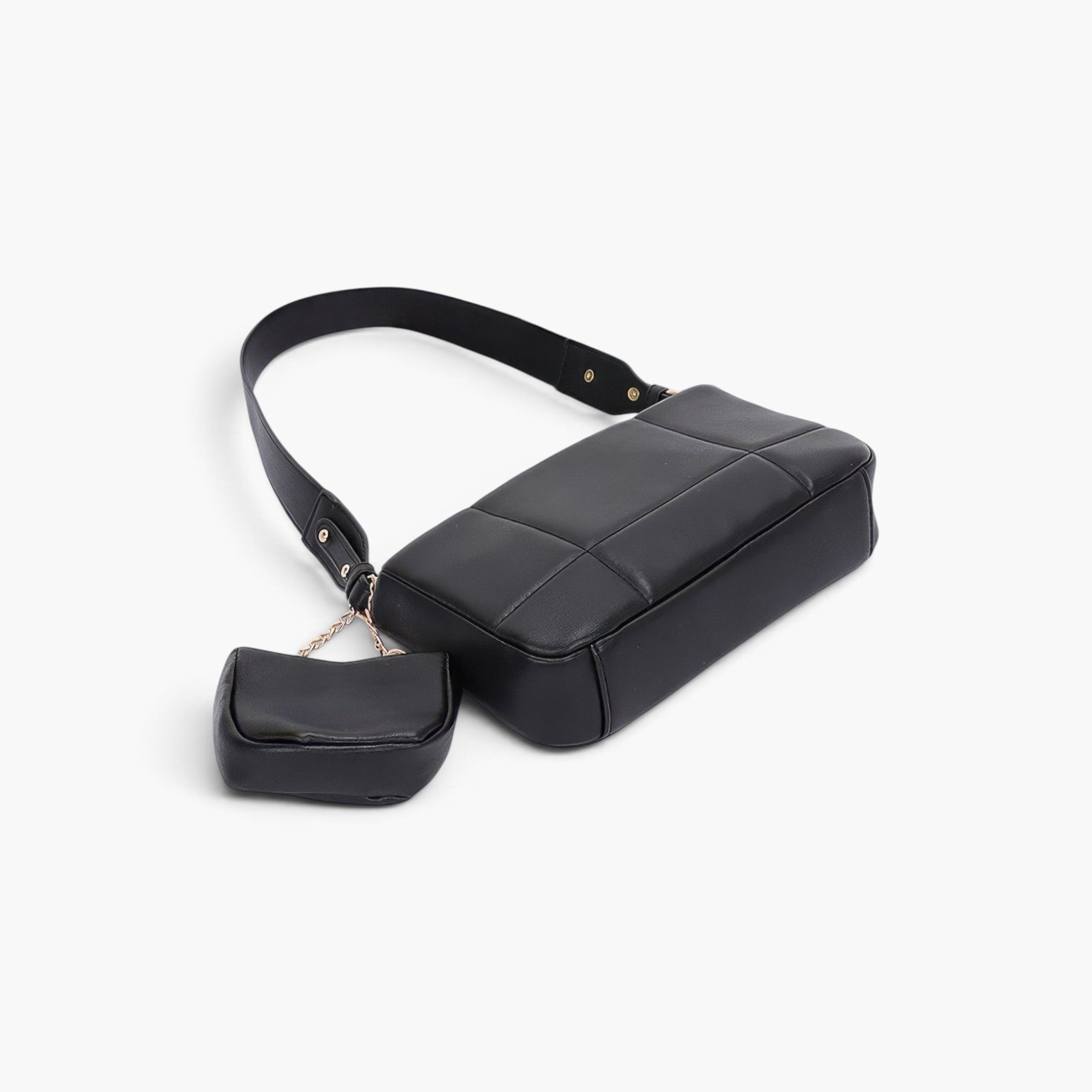 Beach Rose Co. black quilted faux leather shoulder bag with a matching mini Airpod pouch and chain strap.