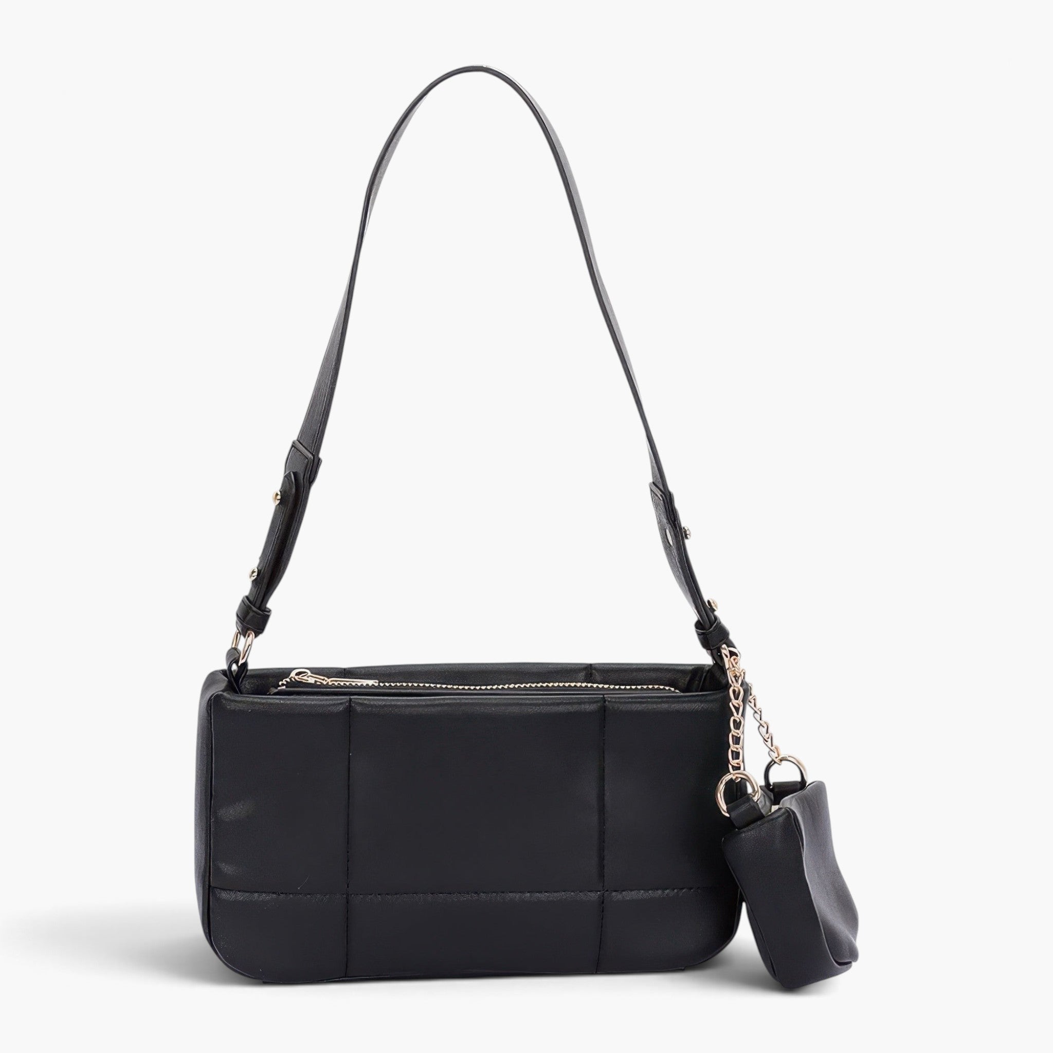 Beach Rose Co. black quilted faux leather shoulder bag with a matching Airpod pouch and gold chain strap detail.