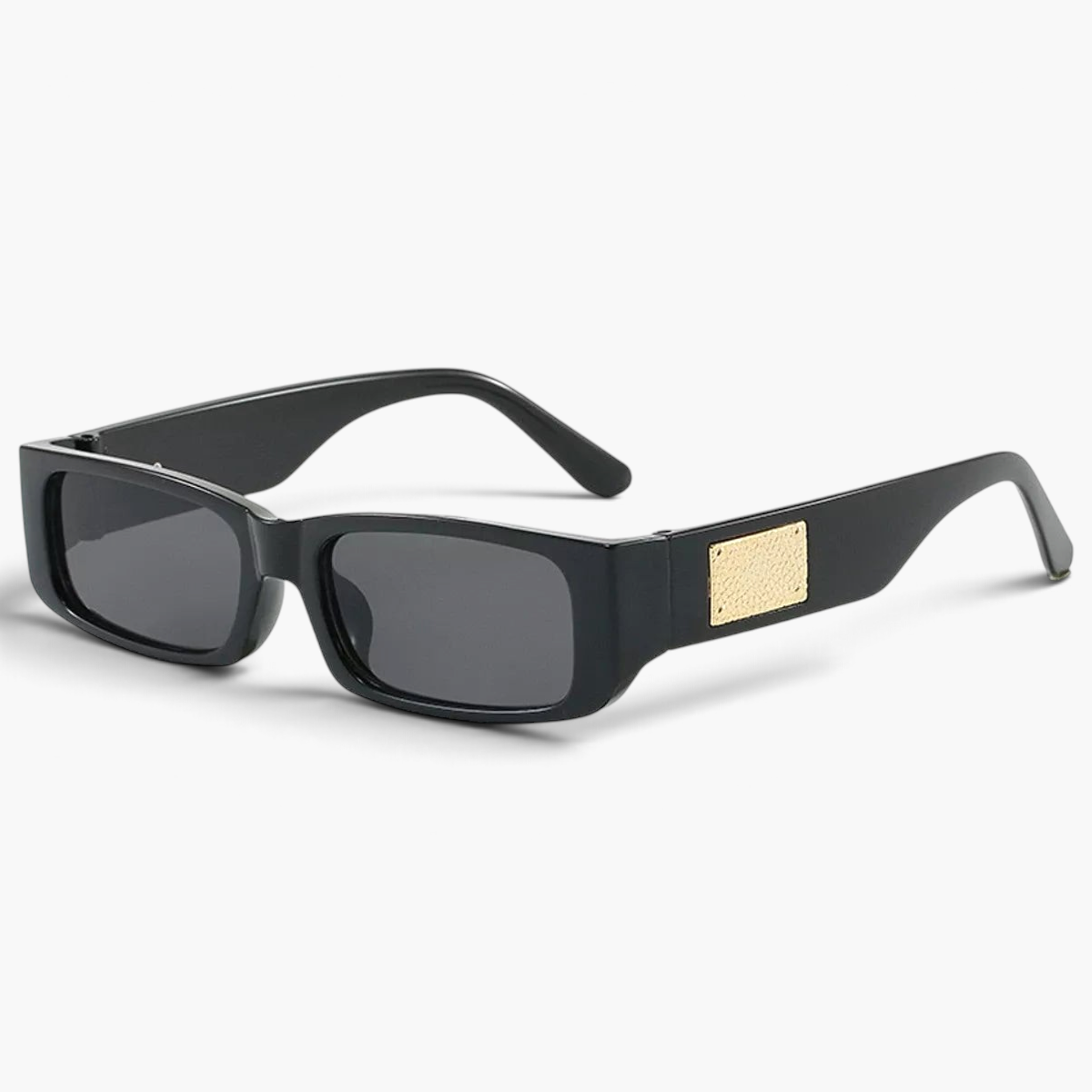 Beach Rose Co. black rectangular sunglasses with wide temples and textured gold accents in a retro full-rim style.