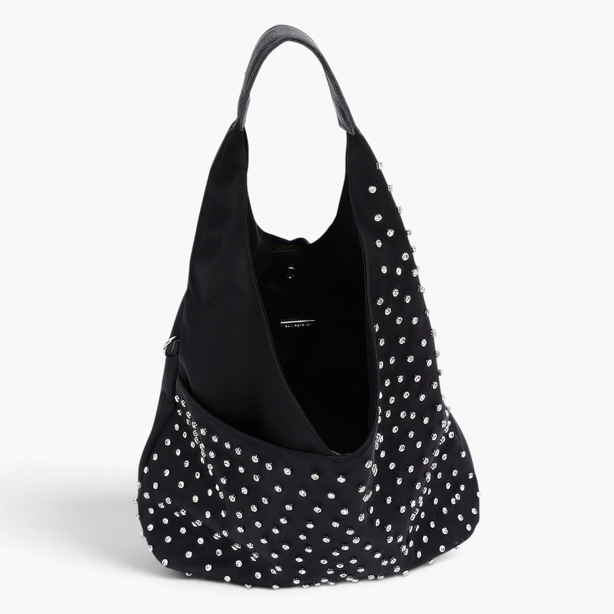 Beach Rose Co. black polyurethane bindle bag featuring sparkling rhinestone studs and a matching purse.