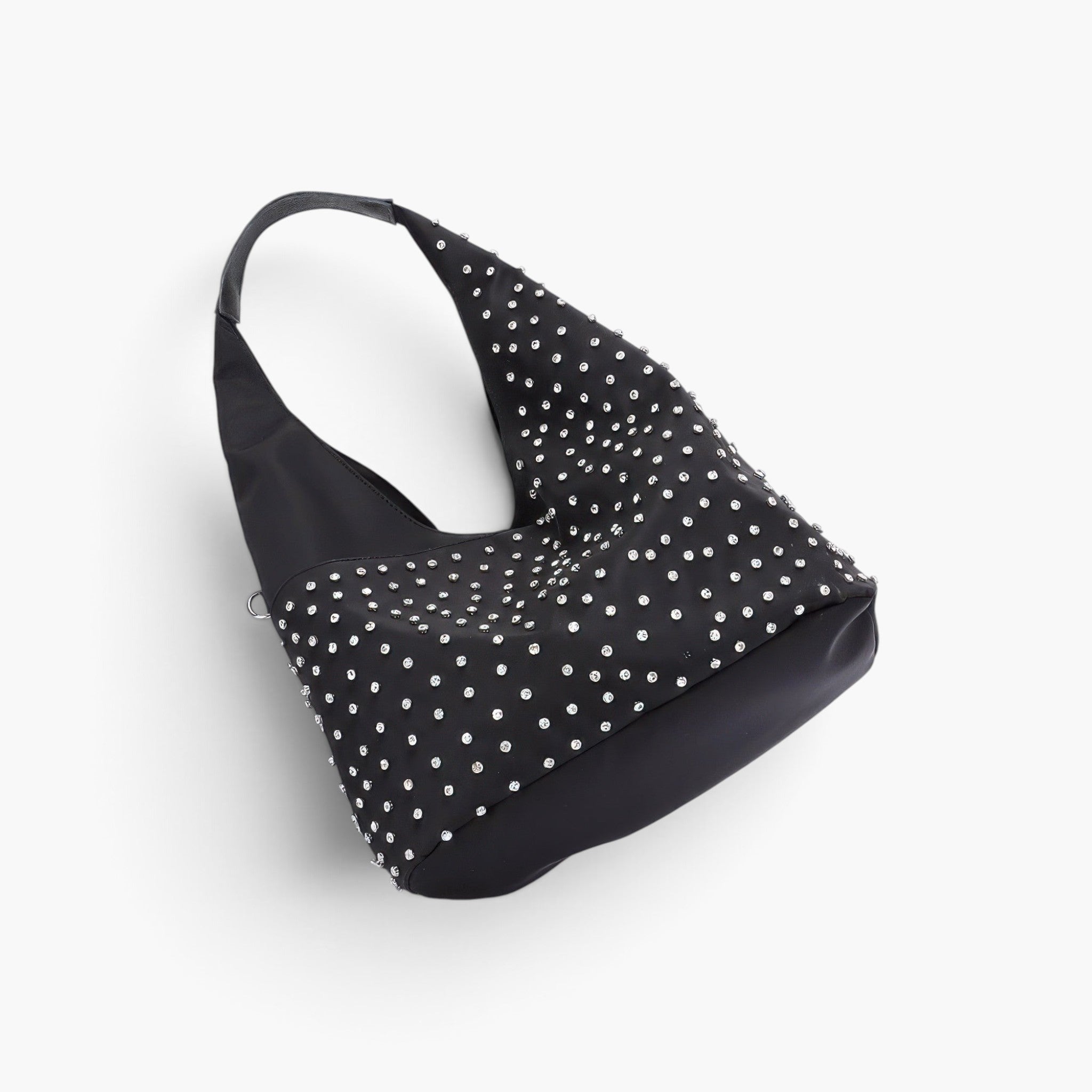Beach Rose Co. black polyurethane bindle bag featuring sparkling rhinestone studs and a comfortable shoulder handle.