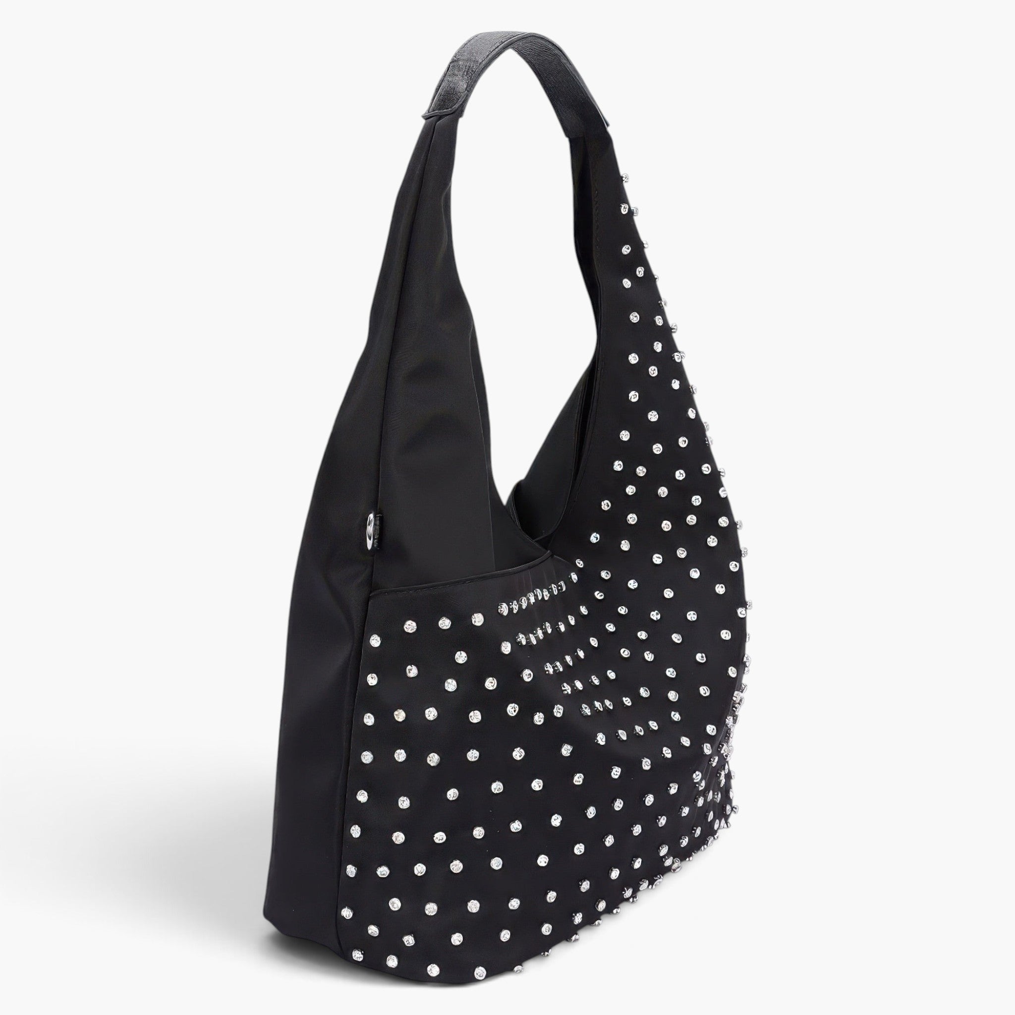 Beach Rose Co. black polyurethane bindle bag featuring sparkling rhinestone studs and a comfortable shoulder handle