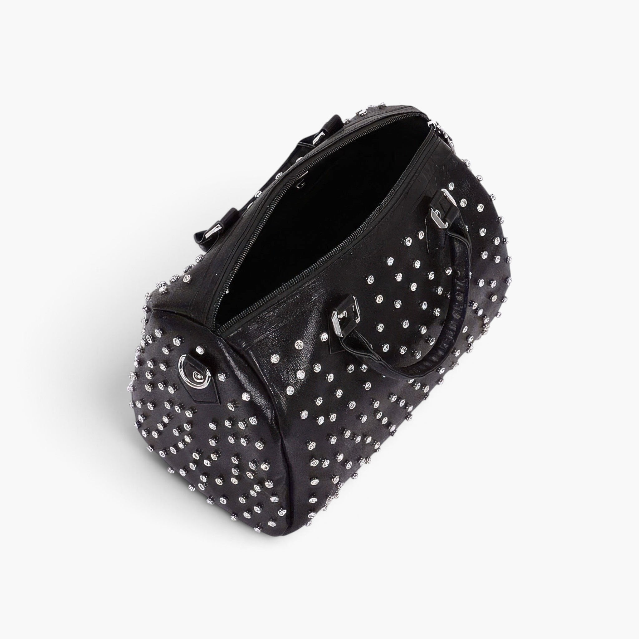Beach Rose Co. black polyurethane bowling bag featuring all-over silver rhinestone studs and sturdy top handles.