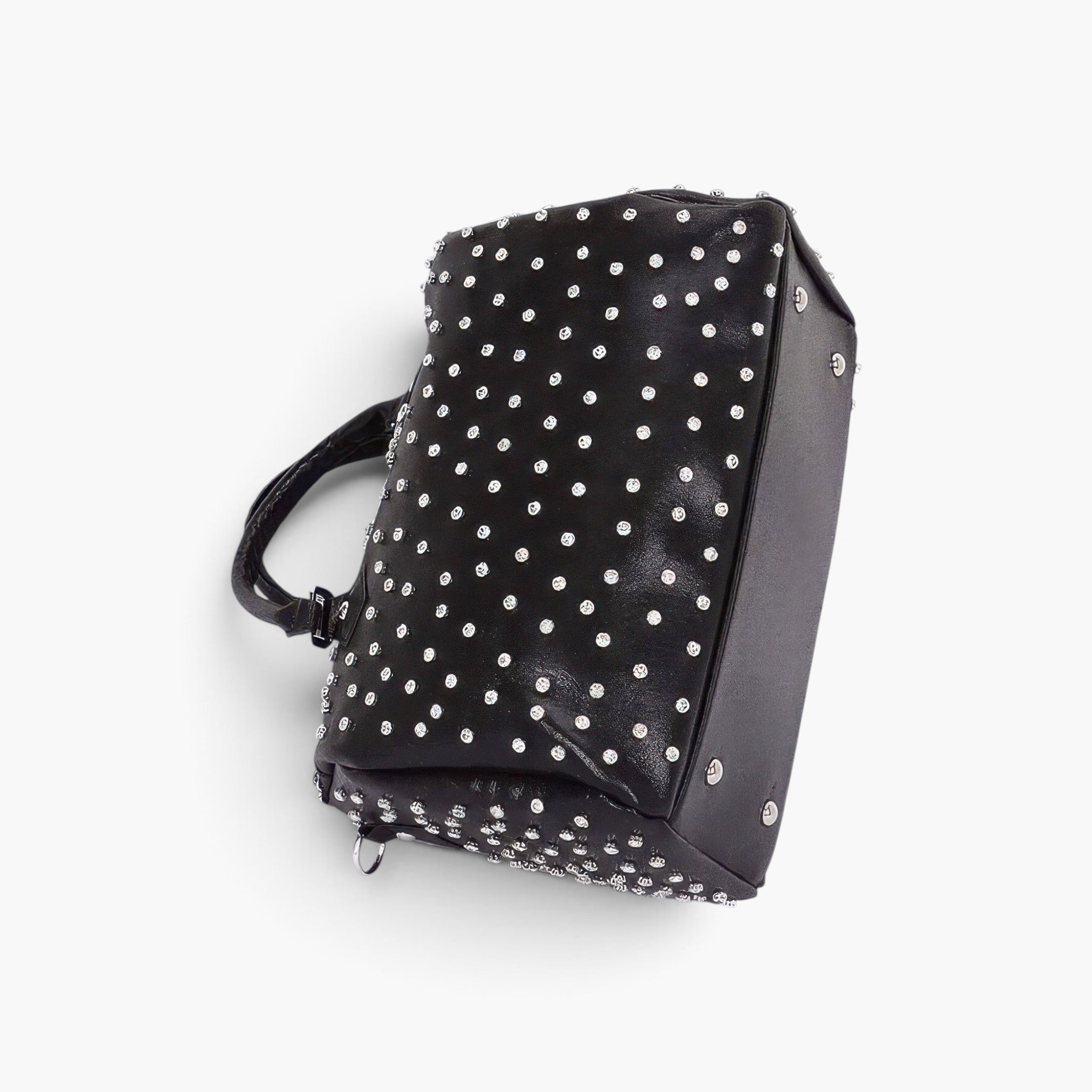 Beach Rose Co. black polyurethane bowling bag featuring sparkling rhinestone studs and sturdy carrying handles.