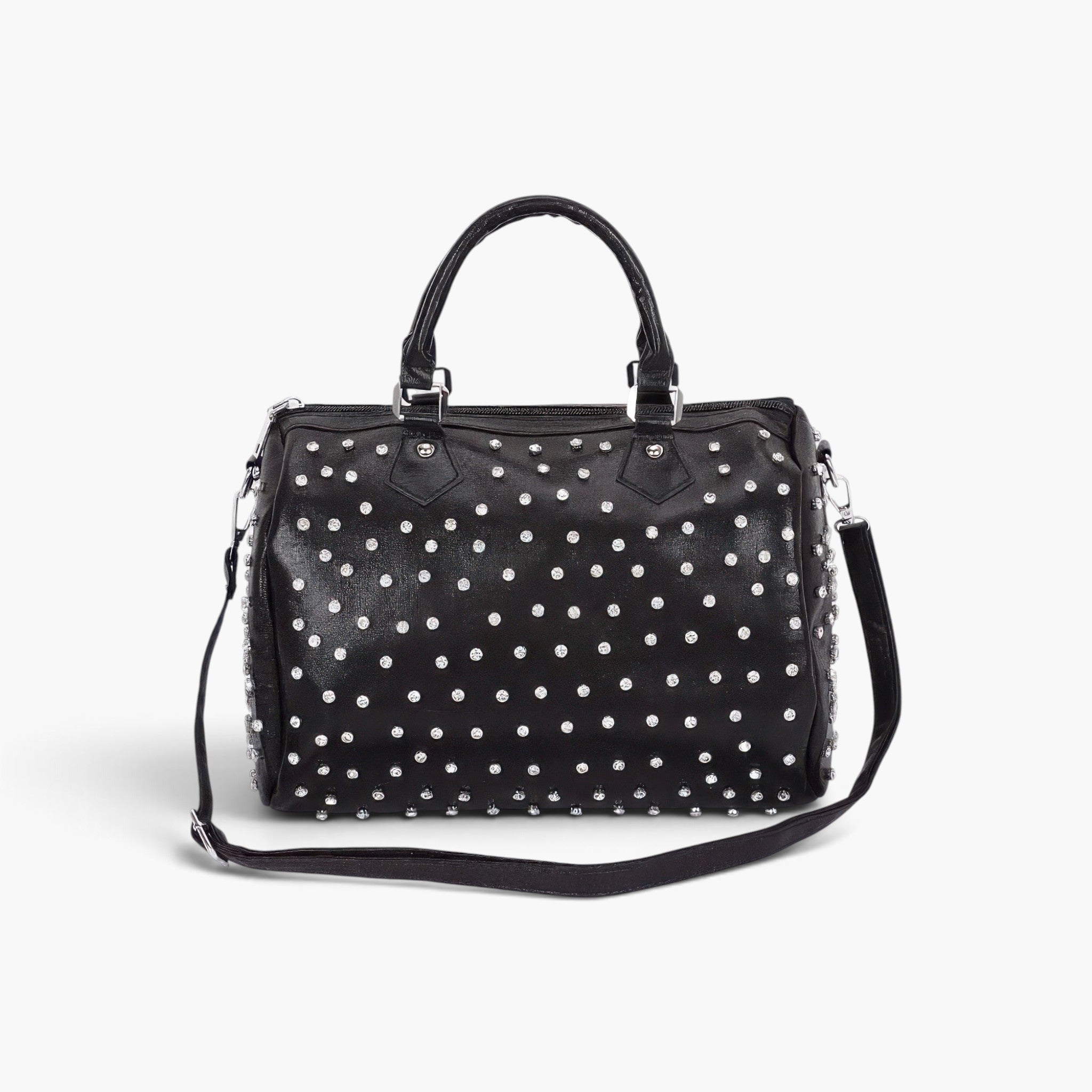 Beach Rose Co. black polyurethane bowling bag featuring sparkling rhinestone studs and a detachable shoulder strap.