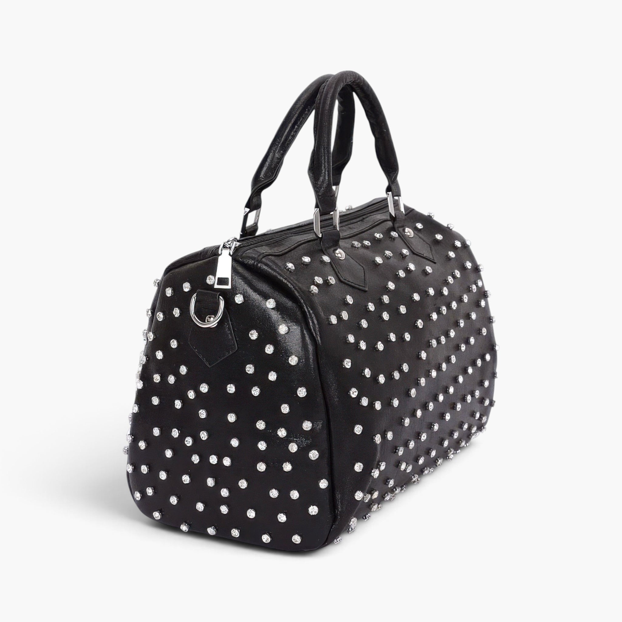 Beach Rose Co. black polyurethane bowling bag covered in sparkling rhinestone studs with sturdy top handles