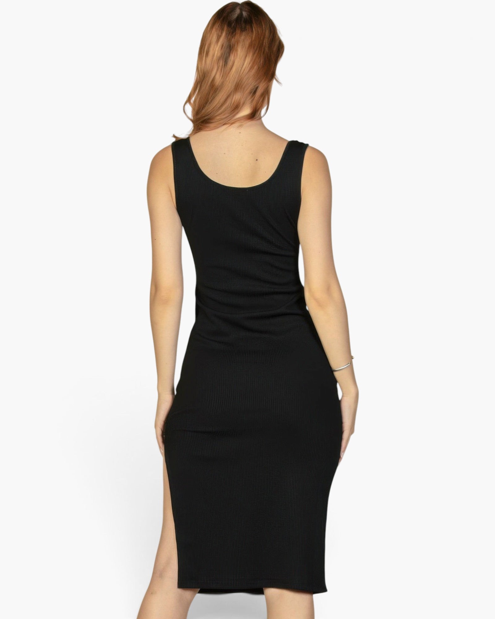 Back view of a Beach Rose Co. black sleeveless ribbed bodycon midi dress with a side slit on a model