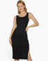 Beach Rose Co. black sleeveless ribbed bodycon midi dress with a side slit worn by a model