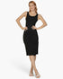 Beach Rose Co. black ribbed bodycon midi dress with a sleeveless tank top design and side slit worn by a model