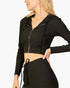 Beach Rose Co. black ribbed crop zip hoodie worn by a blonde woman, featuring a soft stretchy knit and sporty fit.