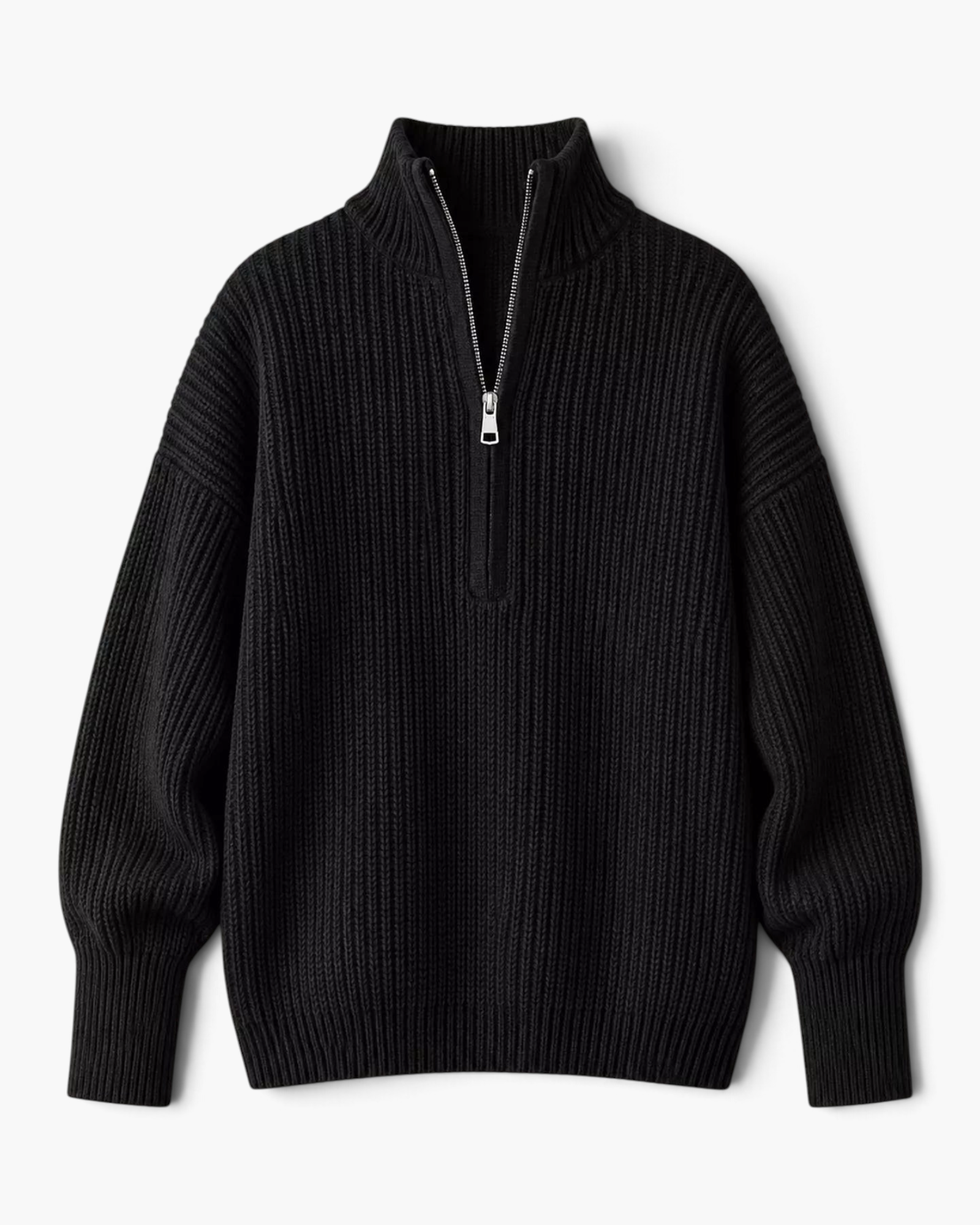 Beach Rose Co. black ribbed knit sweater with a half-zip stand collar, dropped shoulders, and relaxed fit.