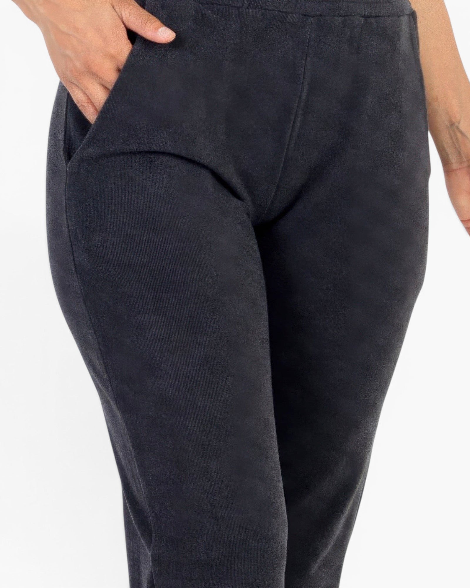 Beach Rose Co. black ribbed joggers with side pockets made from soft brushed stretch knit fabric