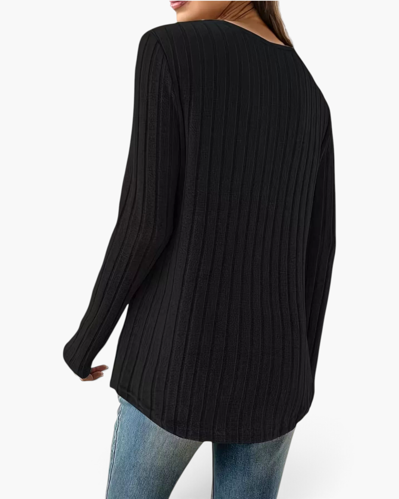 Beach Rose Co. black long sleeve ribbed knit top with a curved hem viewed from the back