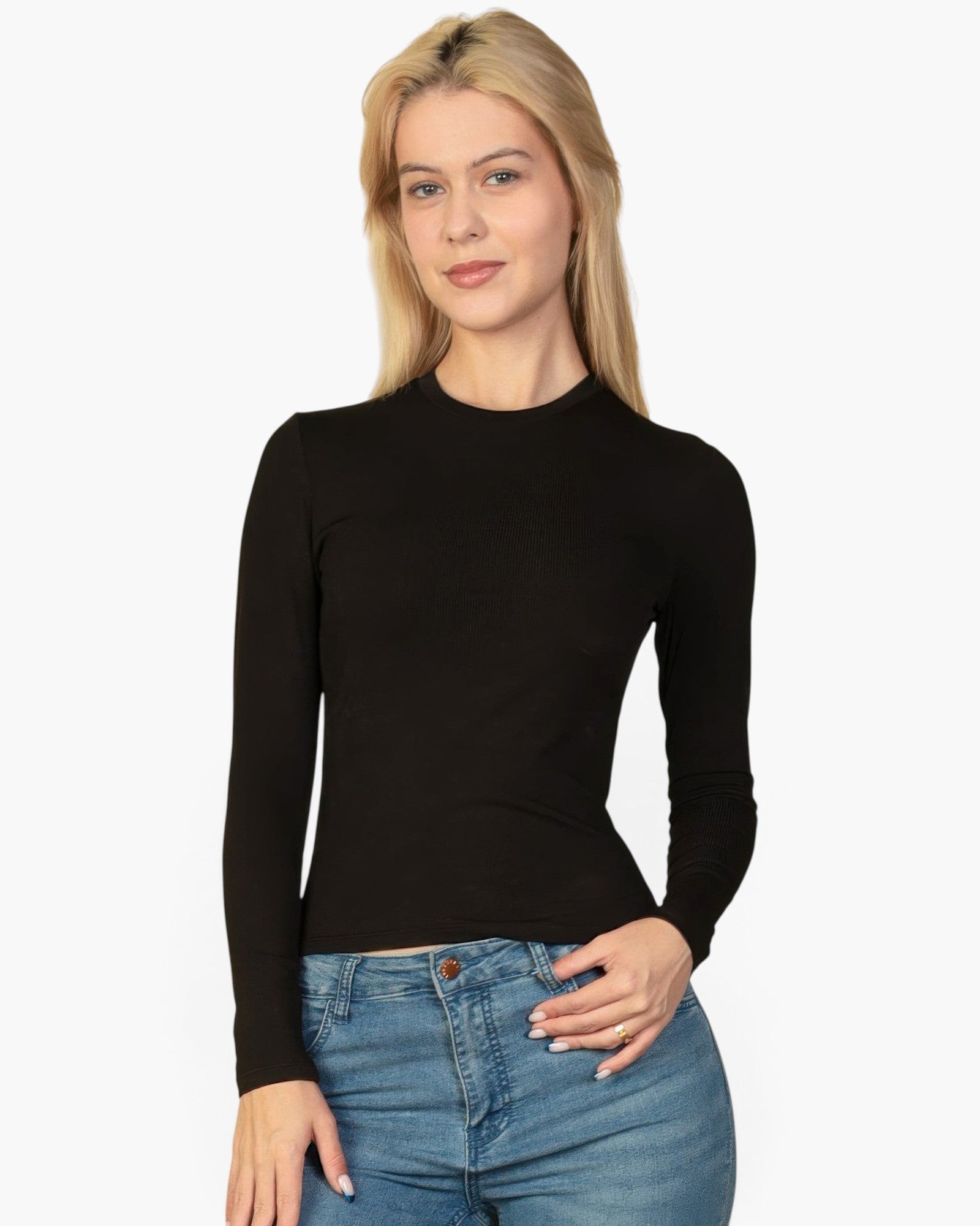 Beach Rose Co. black long-sleeve ribbed crew-neck top worn by a blonde model with blue jeans.