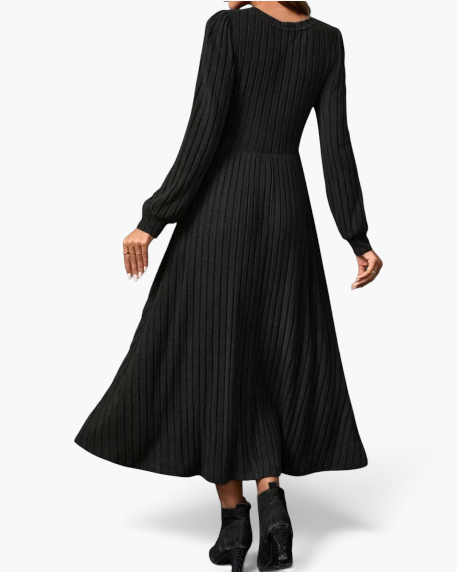Beach Rose Co. black ribbed knit midi dress with long balloon sleeves and a flared skirt, back view