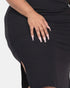 Beach Rose Co. plus size black ribbed midi dress featuring a side slit and soft stretch jersey fabric