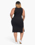 Beach Rose Co. plus size black ribbed tank midi dress with side slits worn by a model from the back view