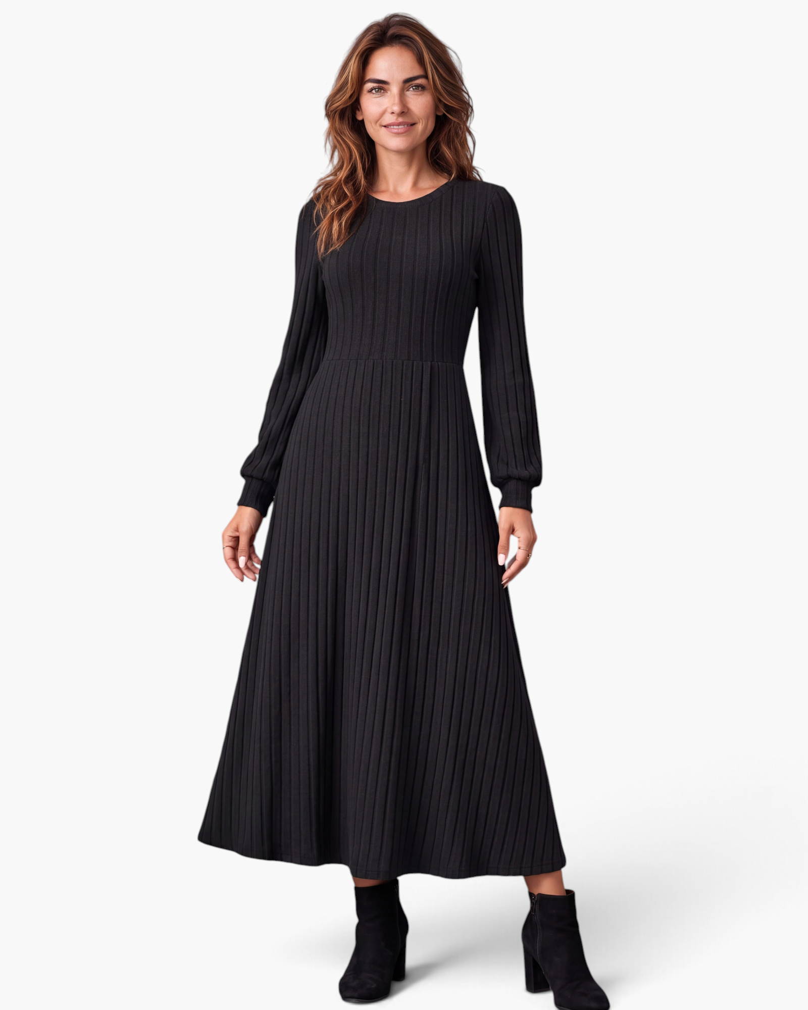 Beach Rose Co. black ribbed knit midi dress with long balloon sleeves and a flared skirt worn by a smiling woman.