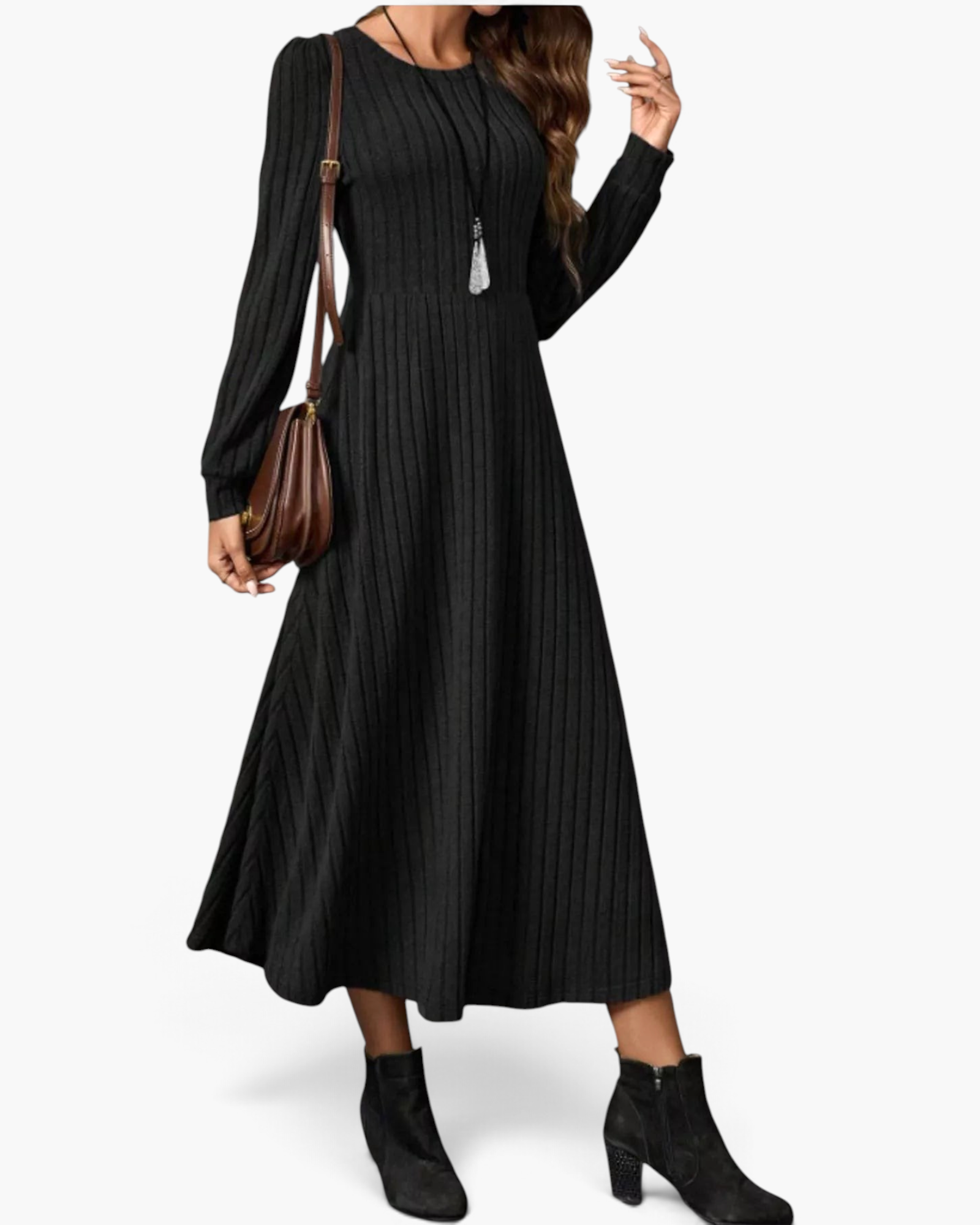 Beach Rose Co. black ribbed knit midi dress with long balloon sleeves, defined waist, and flared skirt on a model.