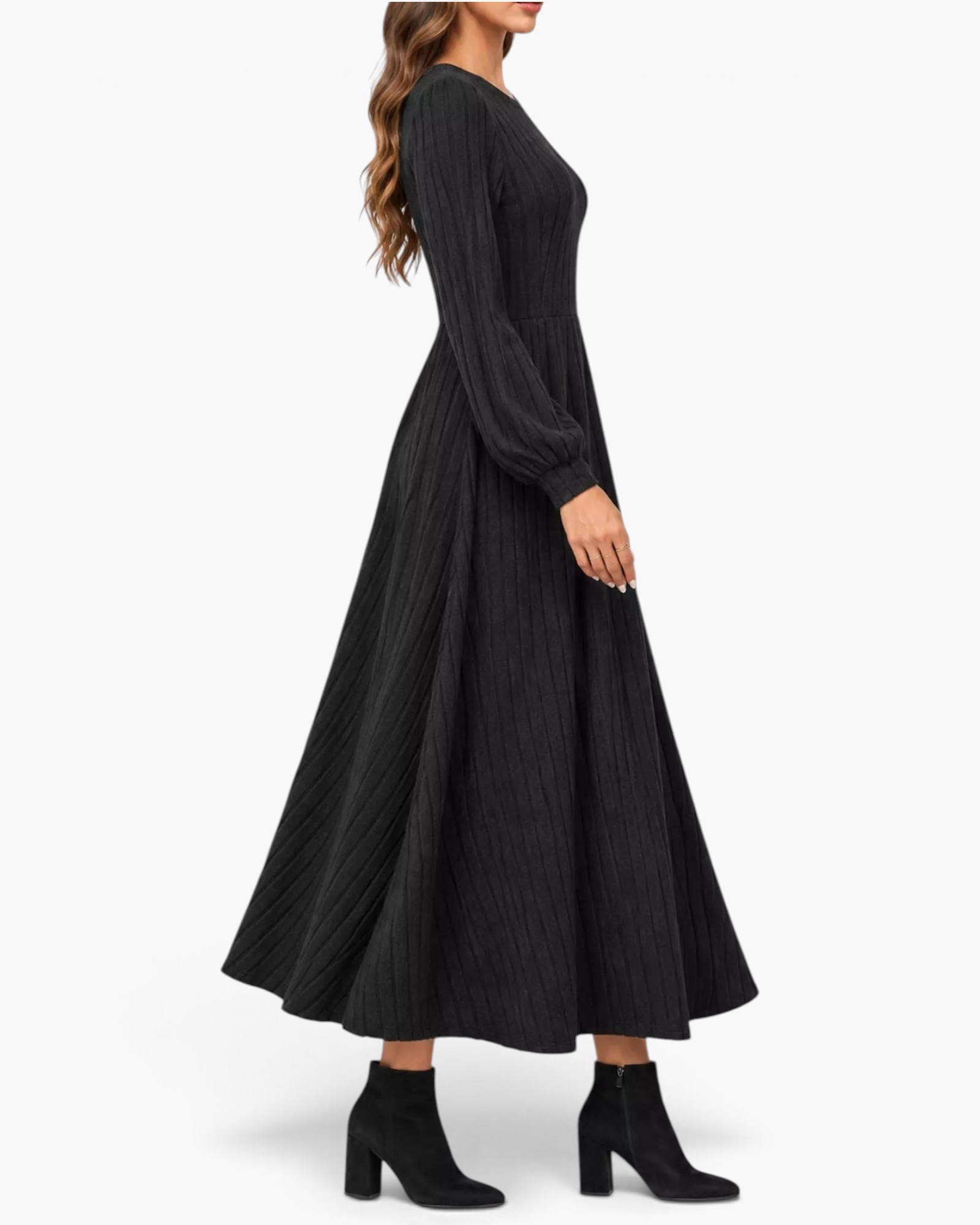 Beach Rose Co. black ribbed knit midi dress with long balloon sleeves and a flared skirt, worn with black ankle boots.