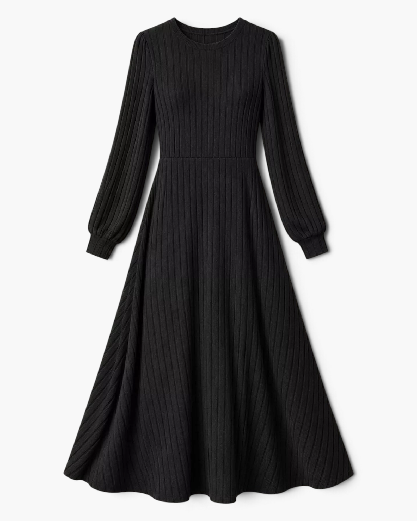 Beach Rose Co. black ribbed knit midi dress with long balloon sleeves, round neckline, and a flared skirt.