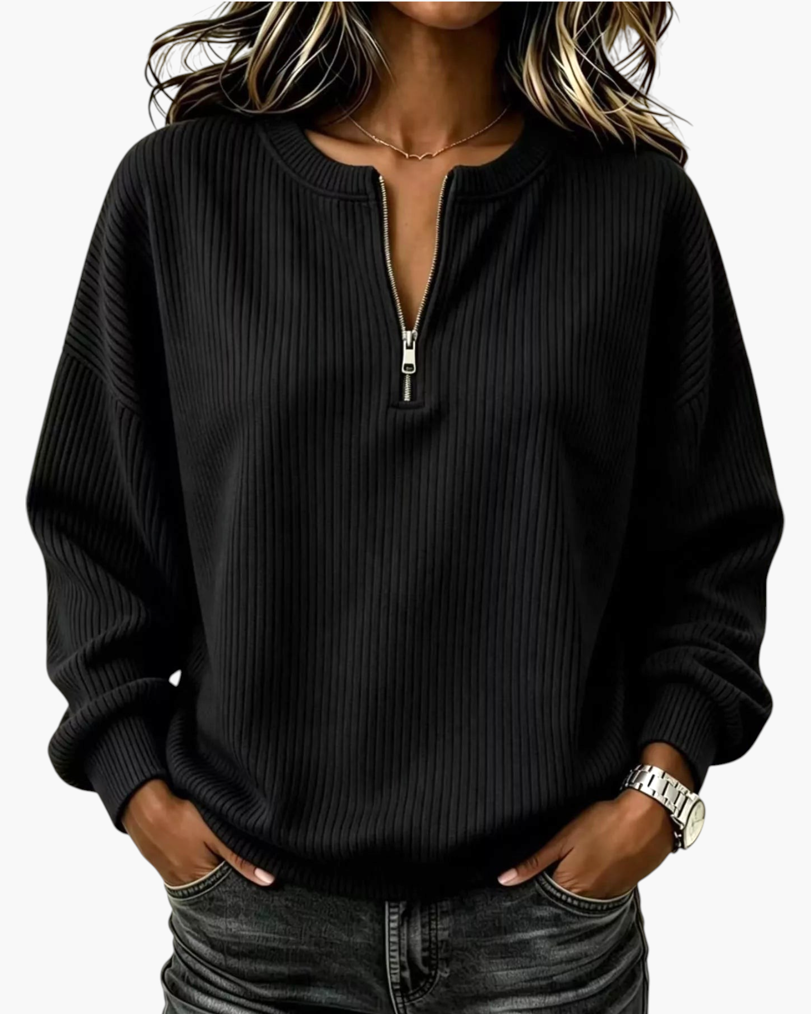 Beach Rose Co. black ribbed quarter-zip pullover with dropped shoulders and banded cuffs worn by a woman.