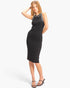 Model wearing a Beach Rose Co. black ribbed cotton sleeveless midi dress with white contrasting trim.