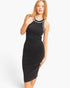 Beach Rose Co. black ribbed sleeveless cotton dress with white contrasting trim worn by a model