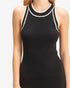 Beach Rose Co. black ribbed sleeveless cotton dress with white contrasting trim on the neckline and armholes.