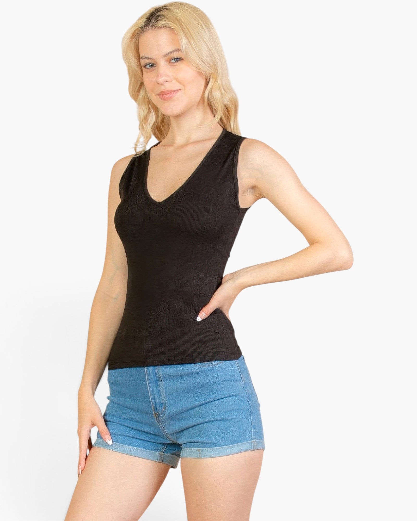 Beach Rose Co. black ribbed V-neck sleeveless top worn by a blonde model with blue denim shorts
