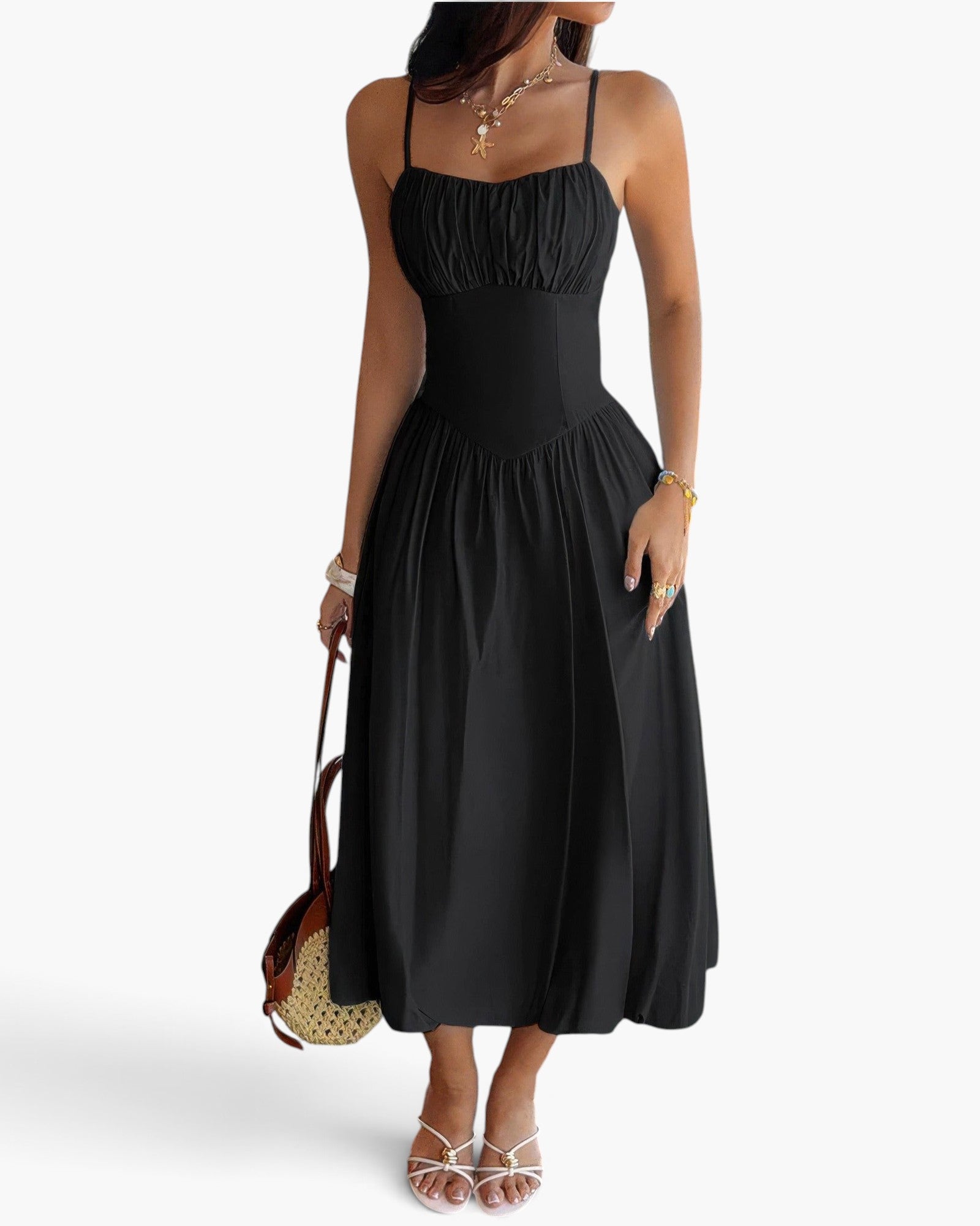 Beach Rose Co. black sleeveless A-line dress with a ruched bust, made from a soft polyester and viscose blend.