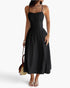 Beach Rose Co. black sleeveless A-line dress with a ruched bust, made from a soft polyester and viscose blend.