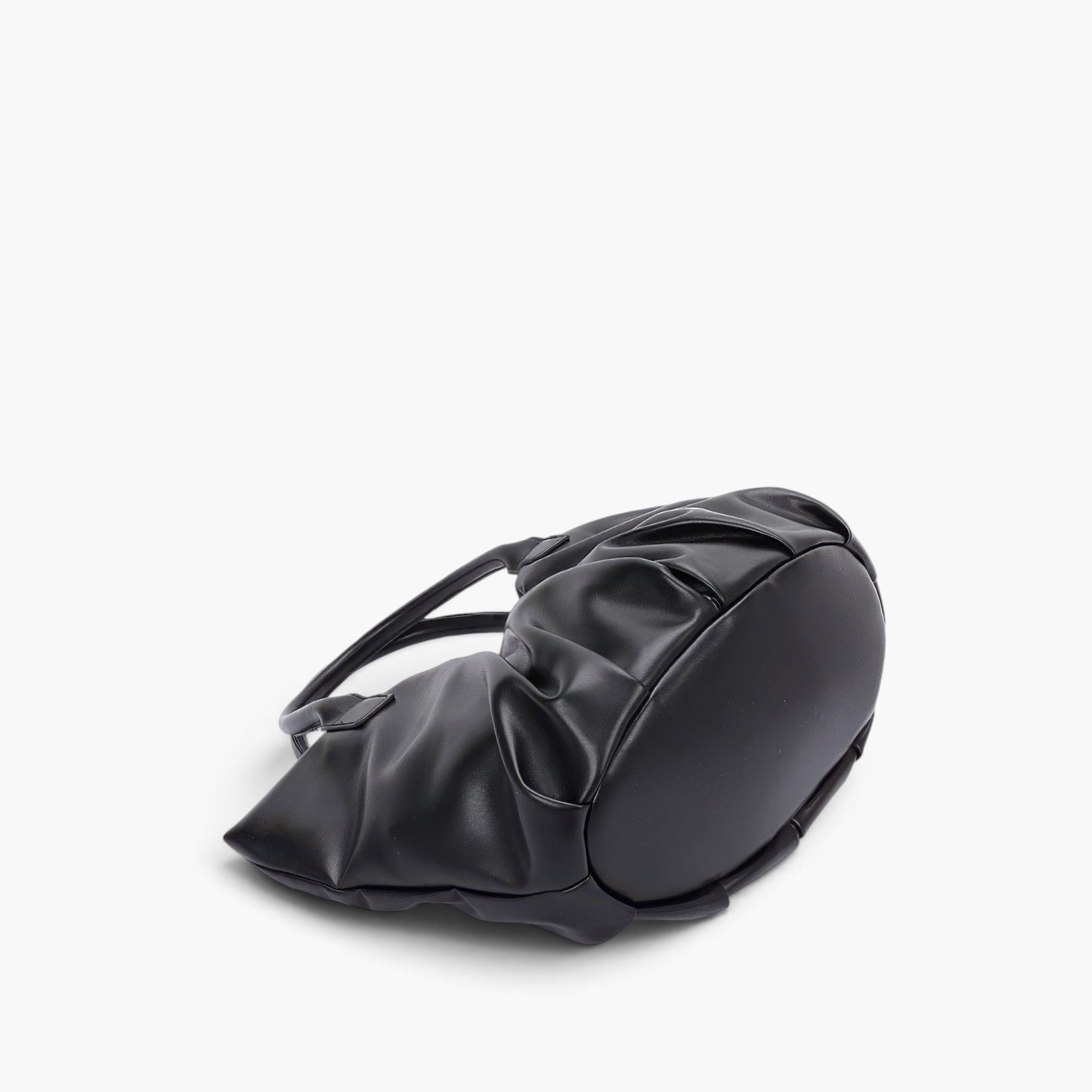 Beach Rose Co. black faux leather tote bag with stylish ruched detailing and sturdy handles on a white background