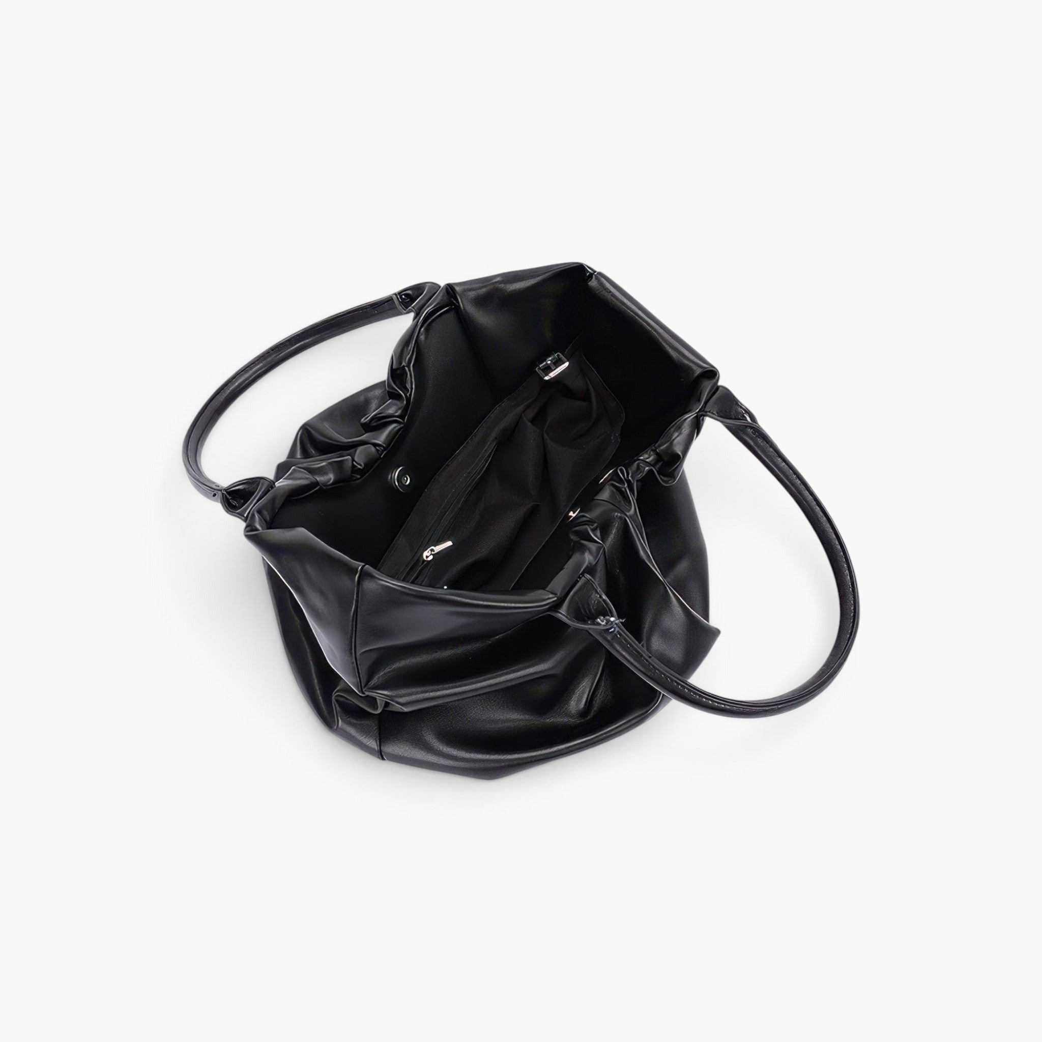 Beach Rose Co. black faux leather tote bag with ruched texture and open top view showing interior lining