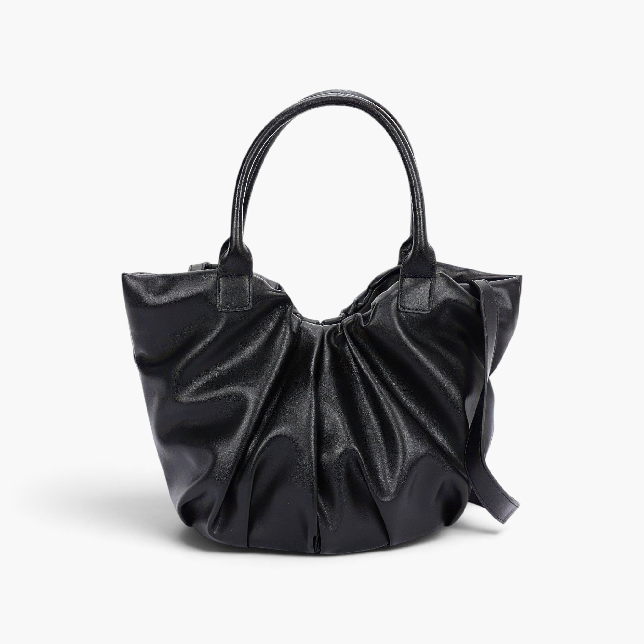 Beach Rose Co. black faux leather tote bag with stylish ruched detailing and sturdy handles on a white background