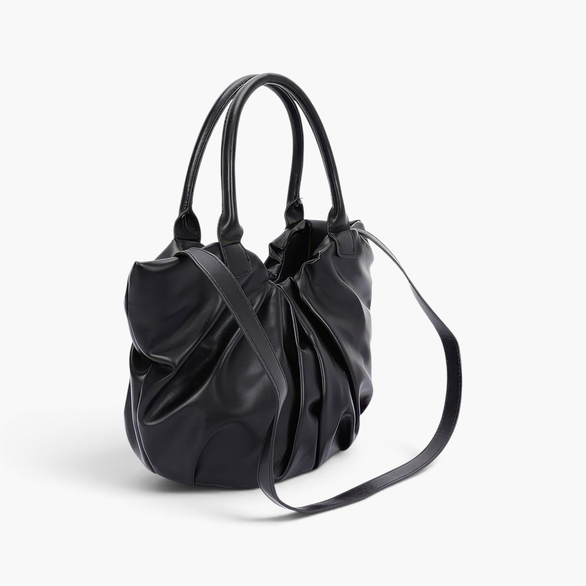 Beach Rose Co. black faux leather tote bag with stylish ruched detailing and sturdy handles on a white background