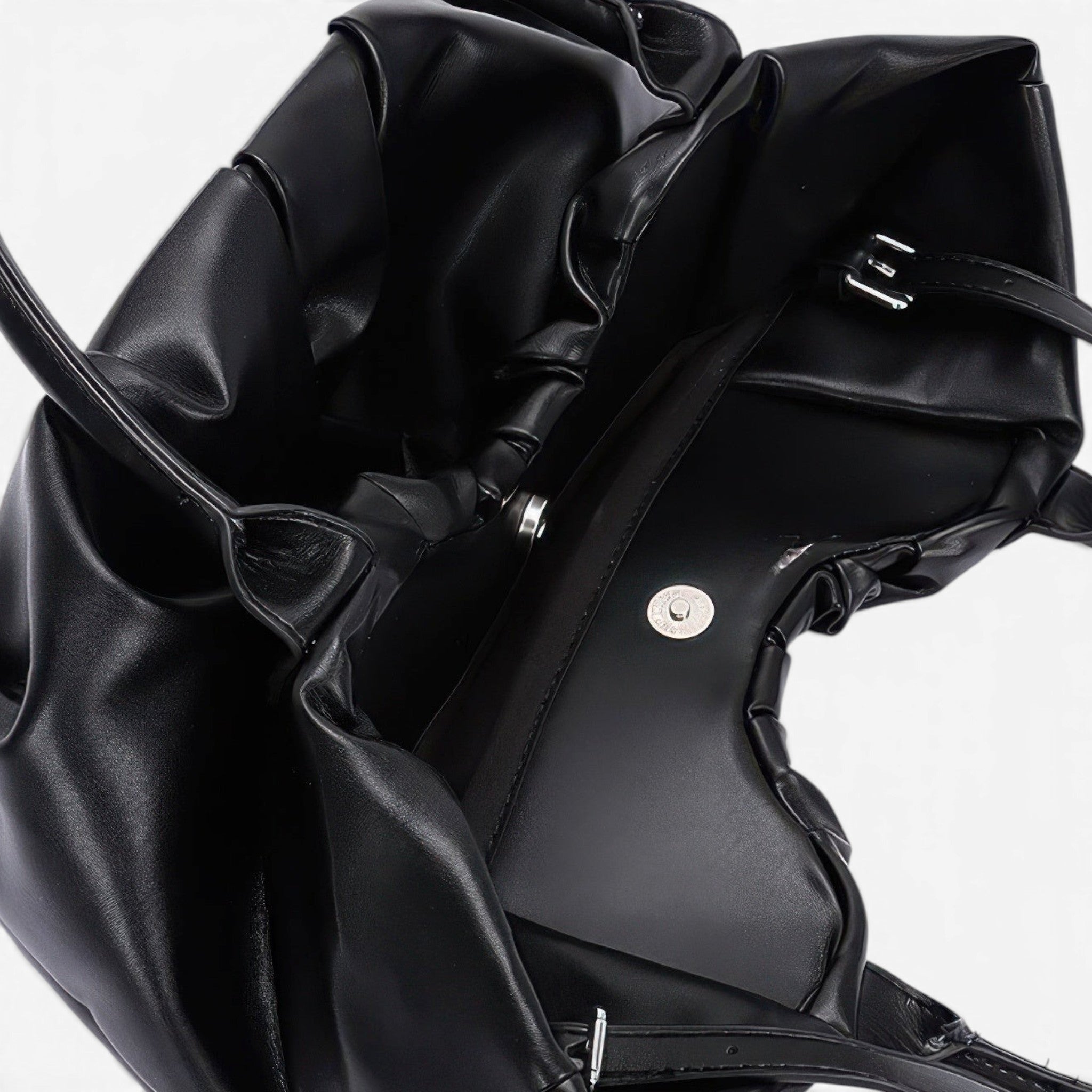 Beach Rose Co. black faux leather tote bag with stylish ruched detailing and a sturdy magnetic closure interior.