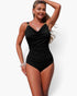Beach Rose Co. black one-piece swimsuit with V-neck, ruched tummy control, and gold strap accents on a model