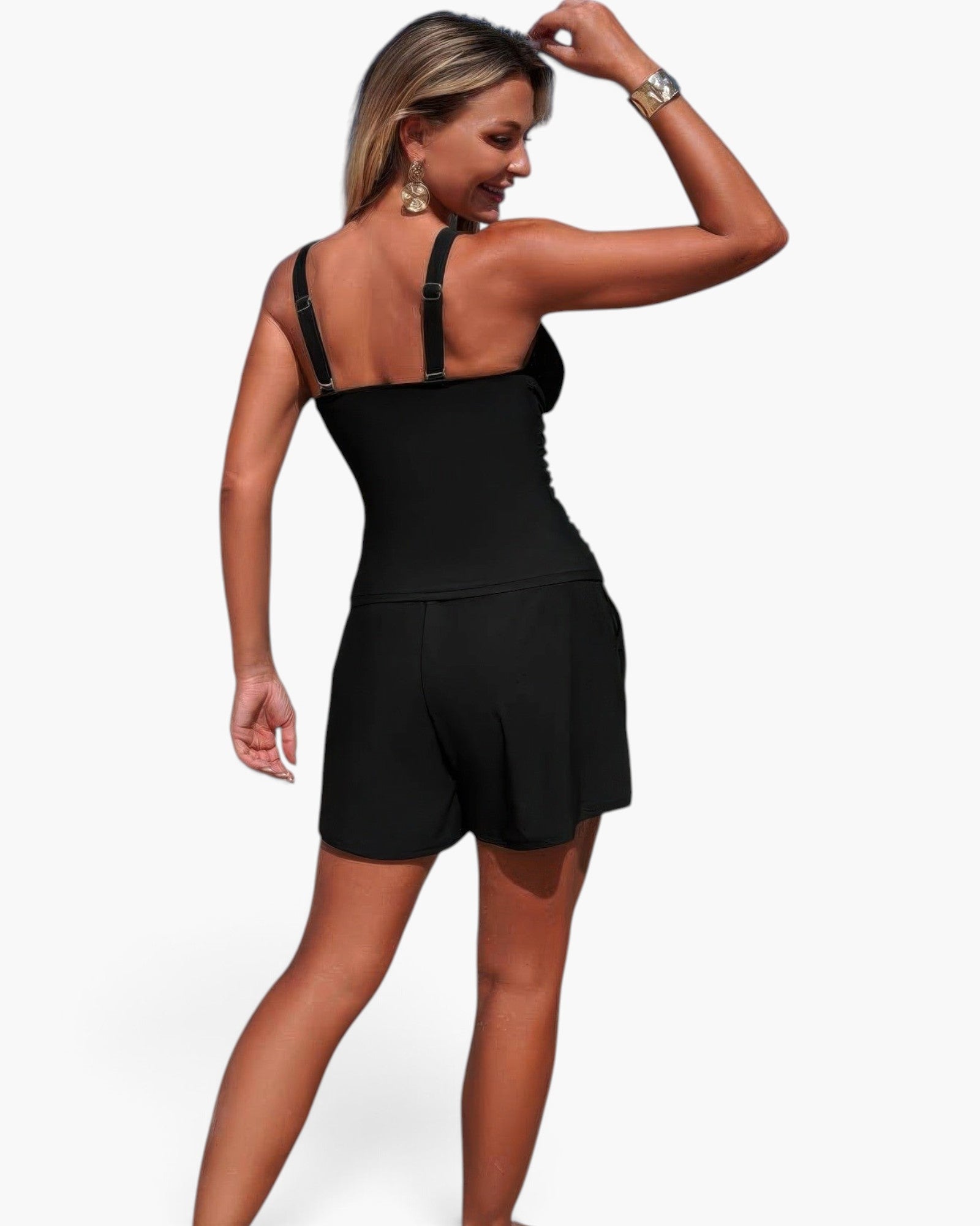 Beach Rose Co. black two-piece bikini with a tankini top and shorts, featuring a flattering ruched back design.