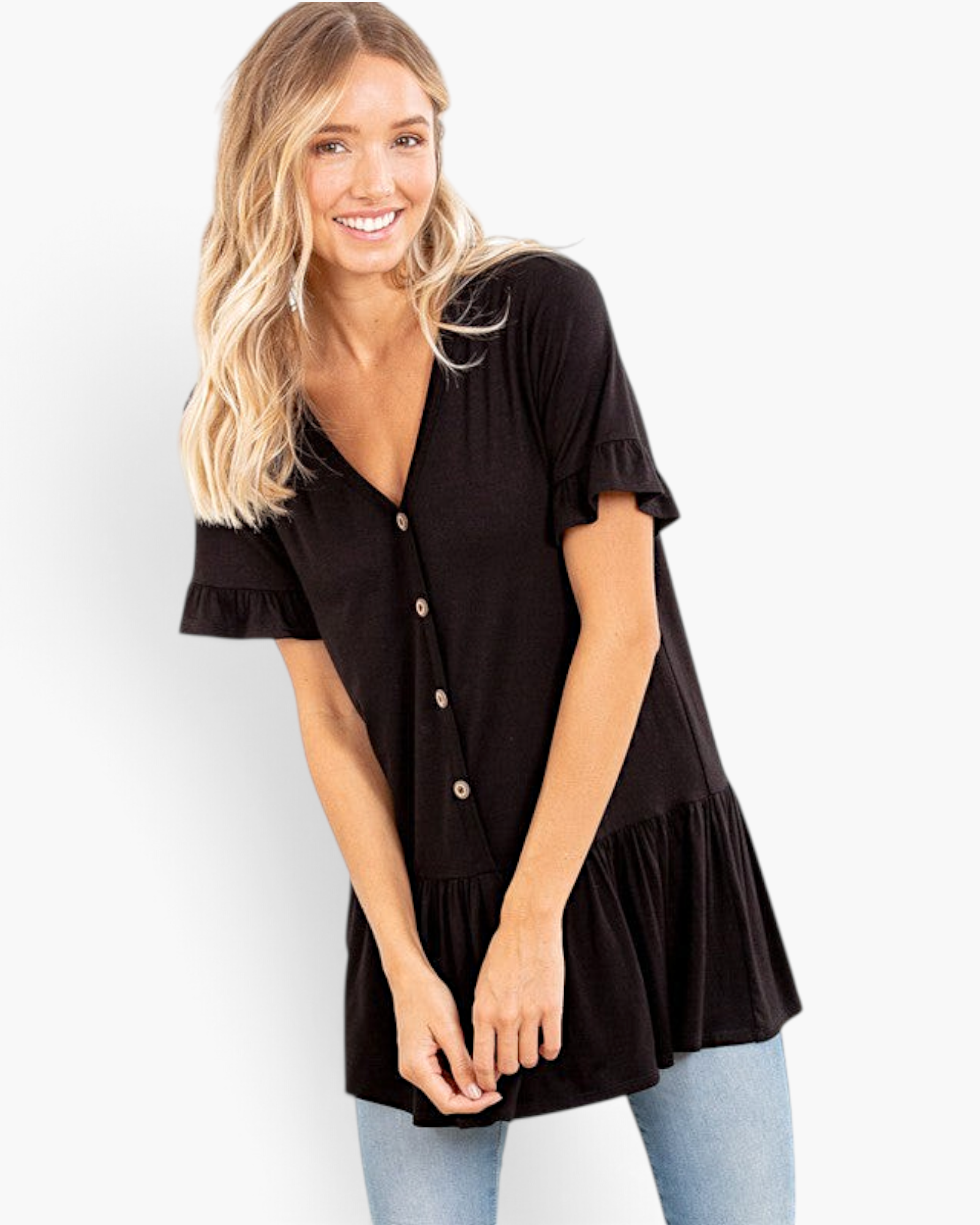 Beach Rose Co. black V-neck peplum top with button front and ruffle sleeve cuffs worn by a smiling blonde model